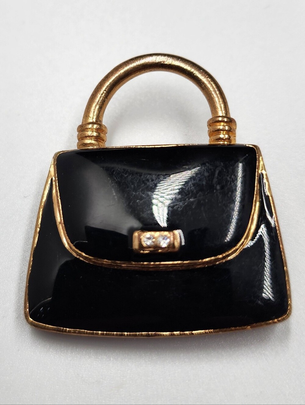 Vintage Enamel Purse Brooch Pin With Rhinestones Gold Tone Black Handbag Pin